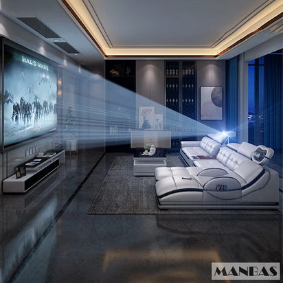 Linlamlim Luxury Genuine Leather Sectional Sofa with Adjustable Headrests, Projector, Speaker and Storage for Living Room Couch