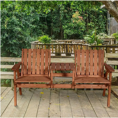 Outdoor Patio Wooden Balcony Double Chair Garden Front Porch Bench with Table