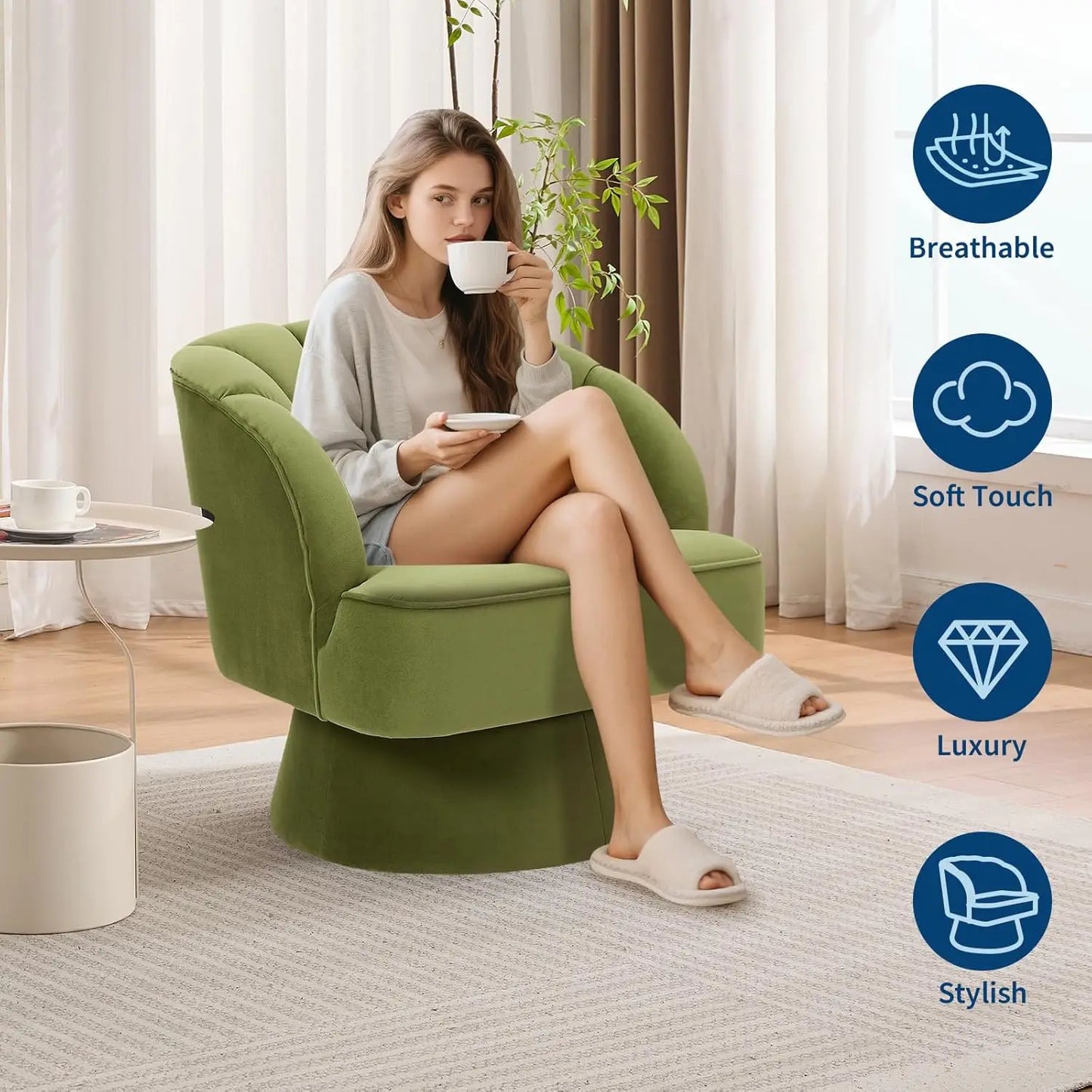 Modern Swivel Accent Chair 360° Barrel Lounge Chair with Padding & Backrest Velvet Upholstered Round Armchair for Bedroom