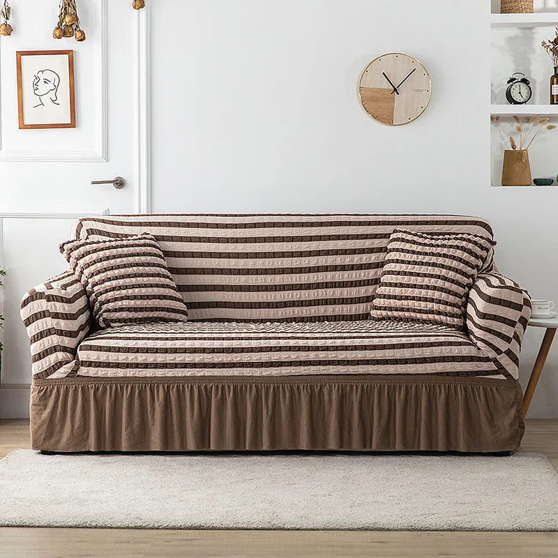 1 Seater Seersucker Sofa Cover with Elastic Skirt Stretch Sofa Protector Removable Slipcover Armchair Cover Elastic Couch Cover