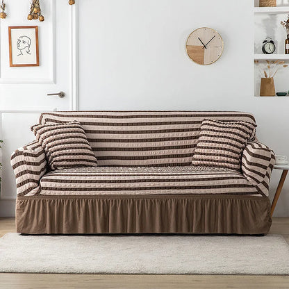 1 Seater Seersucker Sofa Cover with Elastic Skirt Stretch Sofa Protector Removable Slipcover Armchair Cover Elastic Couch Cover