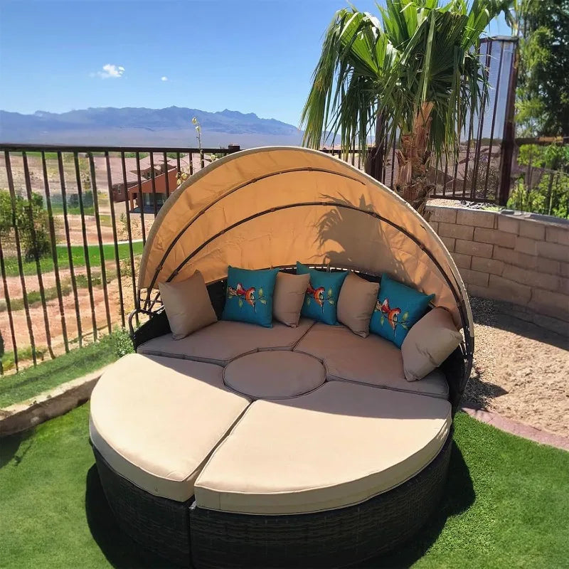 Outdoor Patio Round Daybed with Retractable Canopy, Brown Wicker Furniture Sectional Couch with Washable Cushions, Back