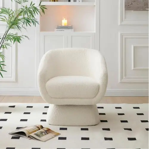 White Boucle swivel Chair, Solid Wood Frame, Modern Leisure Armchair, Ideal for Living Room & Bedroom