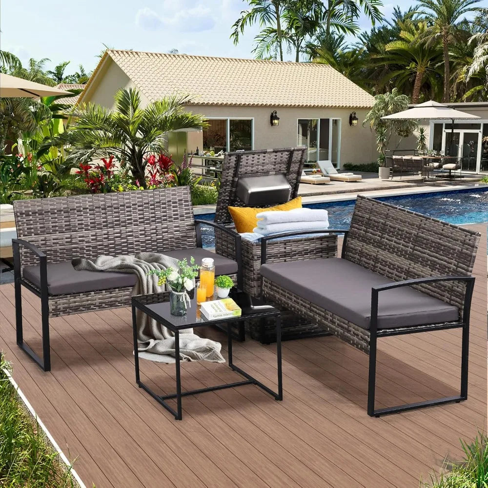 4 Piece Outdoor Patio Furniture Set with Built-in Beverage Cooler Storage Box, Wicker Conversation Sets Patio Outdoor Loves