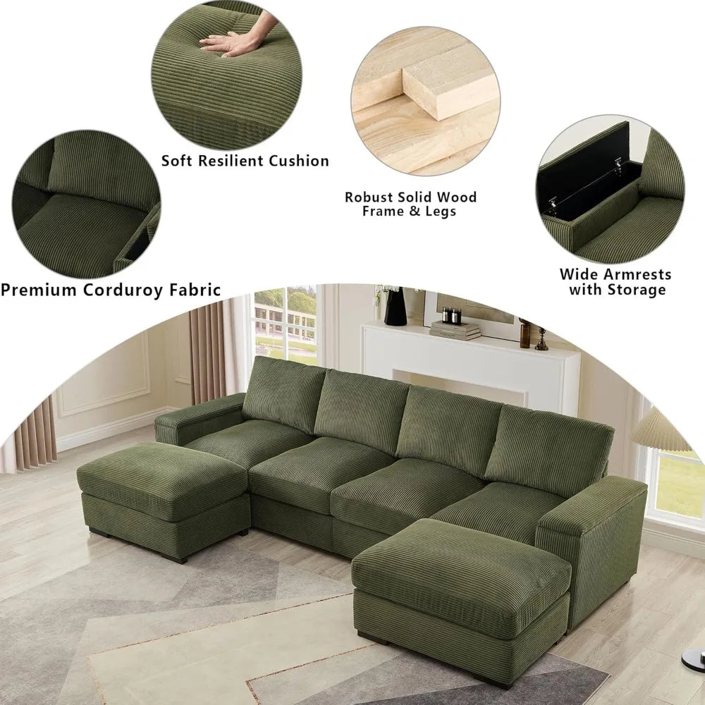 U-Shaped Cloud Couches for Living Room,122" Modular Sectional Cloud Sofas with Deep Seat Removable Ottomans,Modern Corduroy