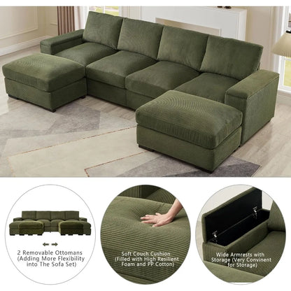 U-Shaped Cloud Couches for Living Room,122" Modular Sectional Cloud Sofas with Deep Seat Removable Ottomans,Modern Corduroy