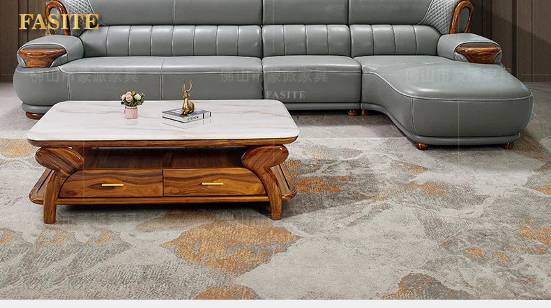 New Chinese black gold wood leather sofa high-end luxury villa living room simple concubine corner household solid wood