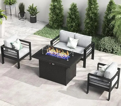 Garden Furniture Set, 5 Pieces Patio Outdoor Aluminum Sectional Conversation, Chat Sofa Modern Seating Set with Coffee Table