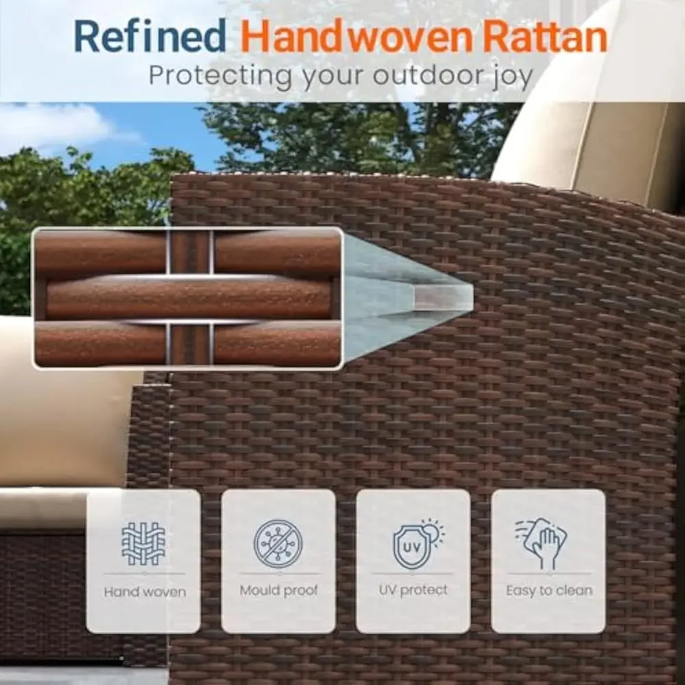 4 Piece Patio Furniture Set, Wicker Outdoor Patios Conversation Furniture Set, Outdoor Patio Sofa with Cushion and Glass Table