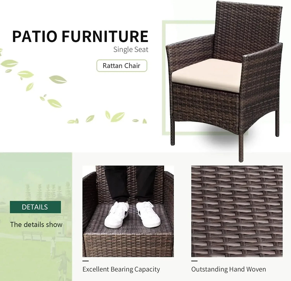 New2025-3 Pieces Patio Furniture Sets Outdoor PE Rattan Wicker Chairs with Soft Cushion and Glass Coffee Table for Garden Backya