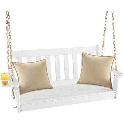 2 Person Hanging Porch Swing, Outdoor Bench Swing with Adjustable Chains, Hidden Cup Holder, HDPE Tree Swing Chair