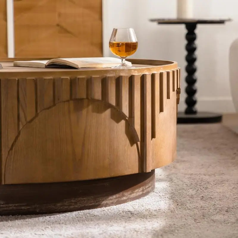 Modern Round Wooden Coffee Table, Handcrafted Solid Wood Veneer, Sturdy Pedestal for Living Room & Apartment, Stylish Design