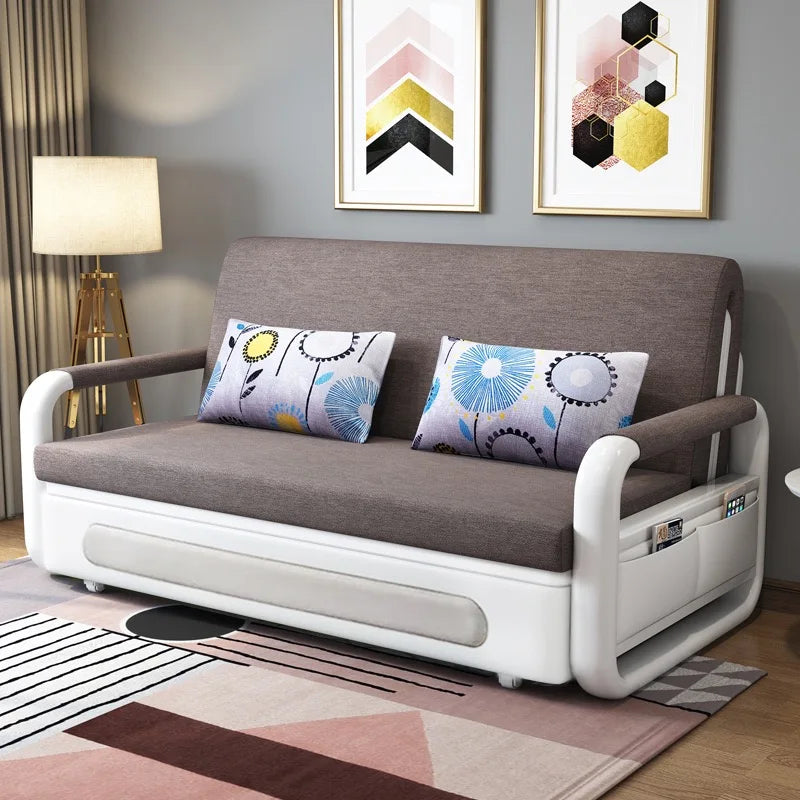 Modern Folding Sofa Bed with Fabric Upholstery Apartment Furniture Metal Frame Extendable for Living Room Dining Hotel Use