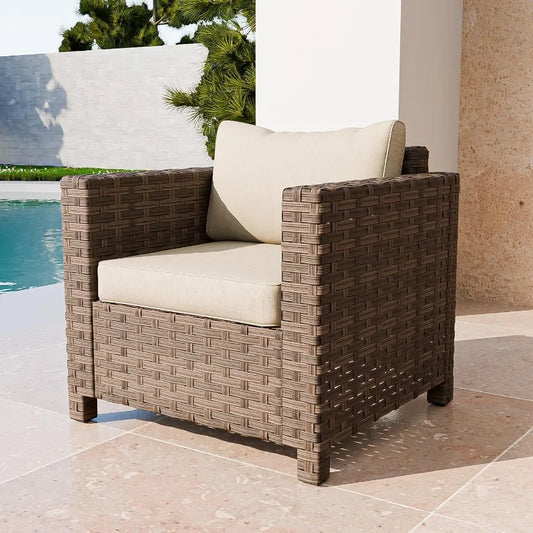 Coastal Haven Wicker Outdoor Chair Rattan Patio Arm Chair Set of 1 for Small Balcony Furniture Backyard Porch Garden Brown Beig