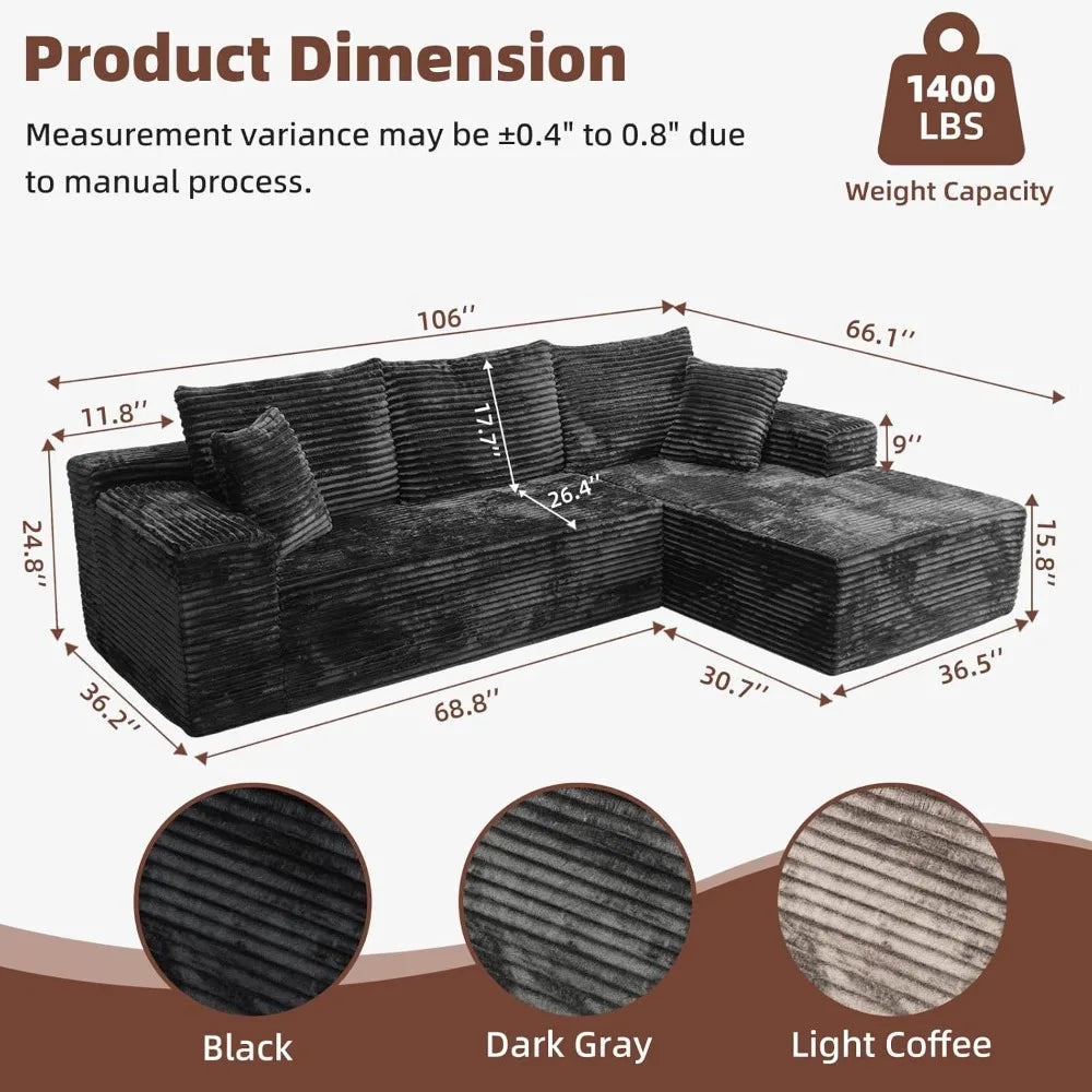 106'' Modular Sectional Sofa, L-Shaped Boneless Cloud Couch with Chaise Lounge, 4-in-1 Flexible Combination Faux Rabbit Fur