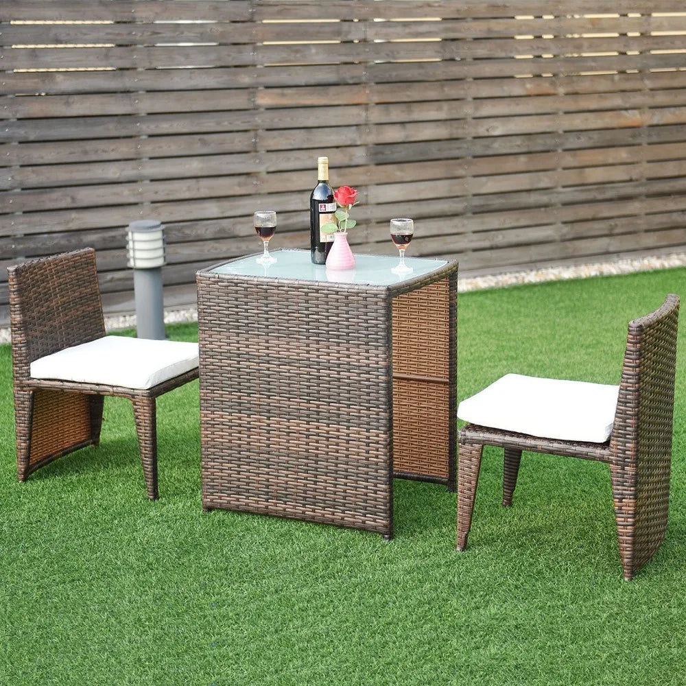 3 Pcs Cushioned Outdoor Wicker Patio Ergonomic Set Outdoor Small Space Furniture