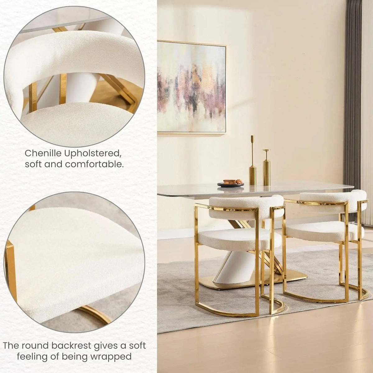 White Chenille Upholstered Dining Chairs Set of 4, Modern Dining Chair with Gold Legs, Kitchen Room Chairs Open Back Barrel Dini