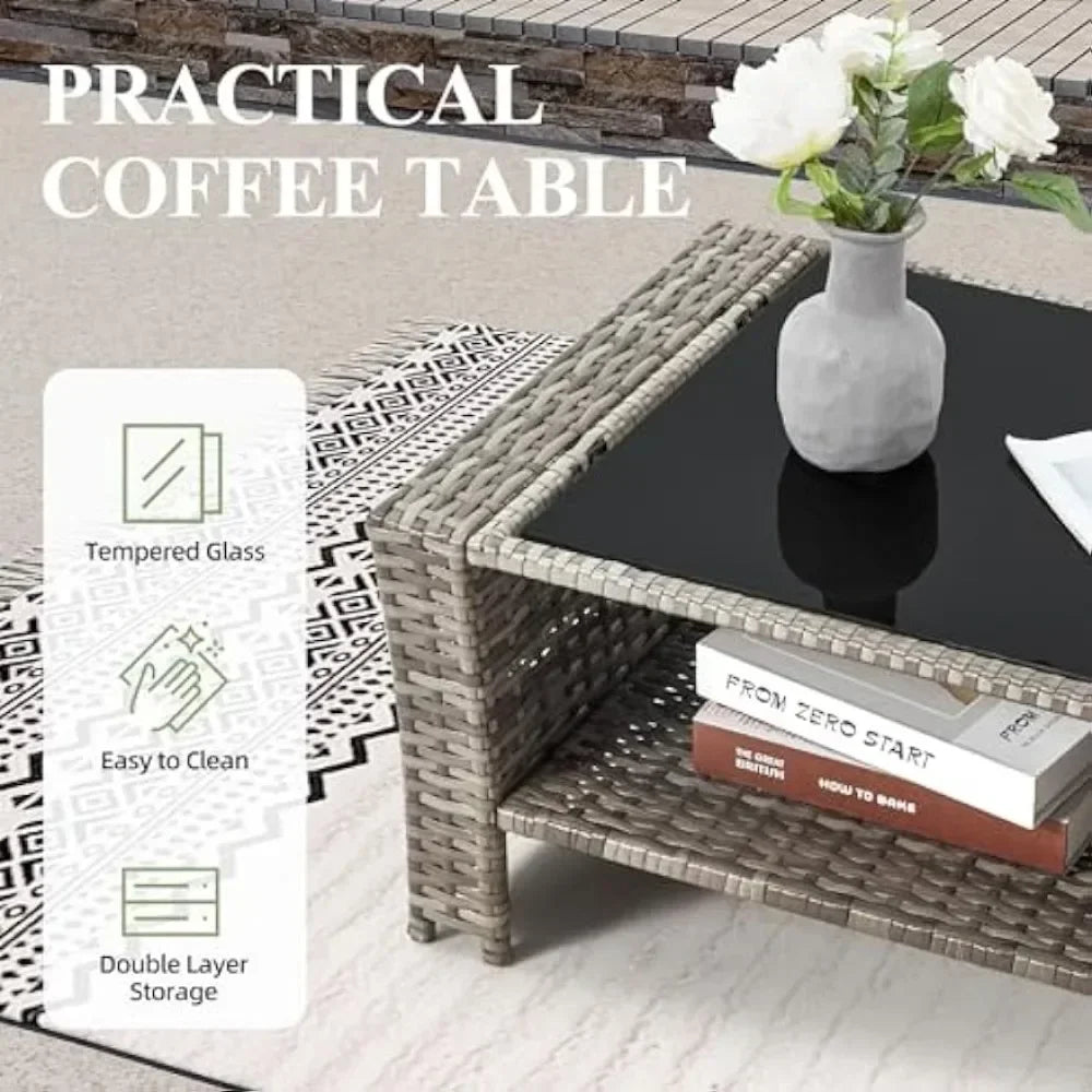 #For 6 Piece Patio Furniture Set, Outdoor Sectional Conversation Rattan Sofa Set w/Ottoman&Storage Table for Garden, Porch, Back