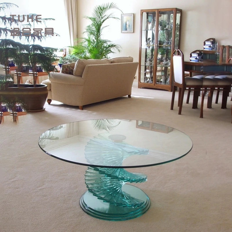 Italian Style Solid Wood Dining Table Light Luxury Curved Round Table Tempered Glass Living Room Hotel Personalized Dining Table