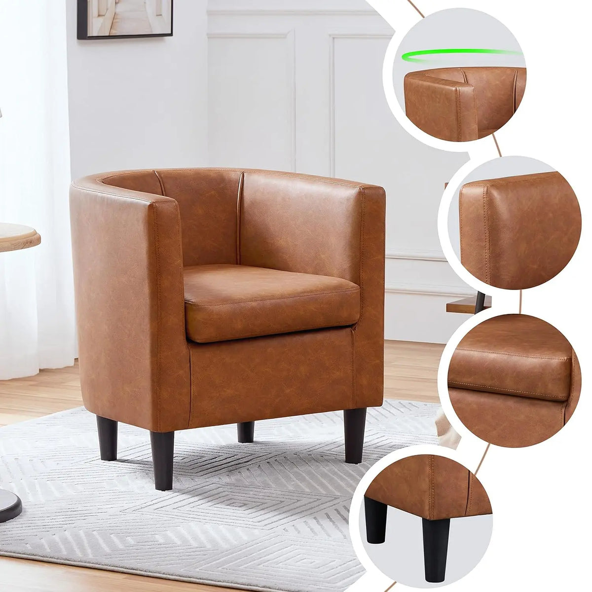 Accent Chair, PU Leather, Modern And Comfortable Armchairs, Upholstered Barrel Sofa Chair For Living Room Bedroom Waiting Room,