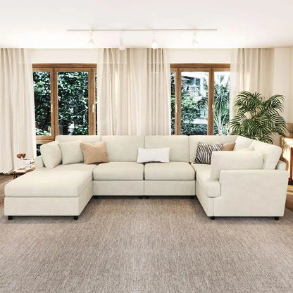 U-Style 127" U-Shaped Sectional Sofa with Movable Ottoman, 6-Piece Chenille Fabric Sofa Set, Convertible Modular Corner Couch