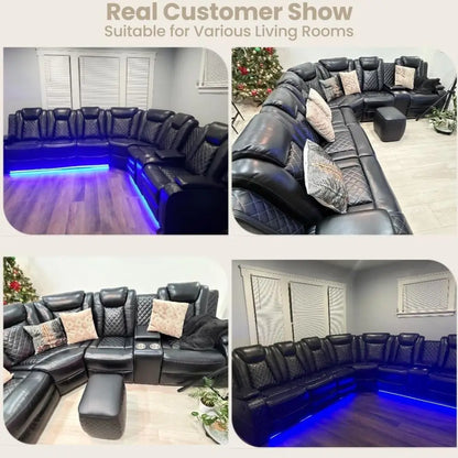 Breathing Leather Reclining Soa Set,Power Recliner Sectional Couch with LED Light,ern Living Room urniture Set,Reclining Section