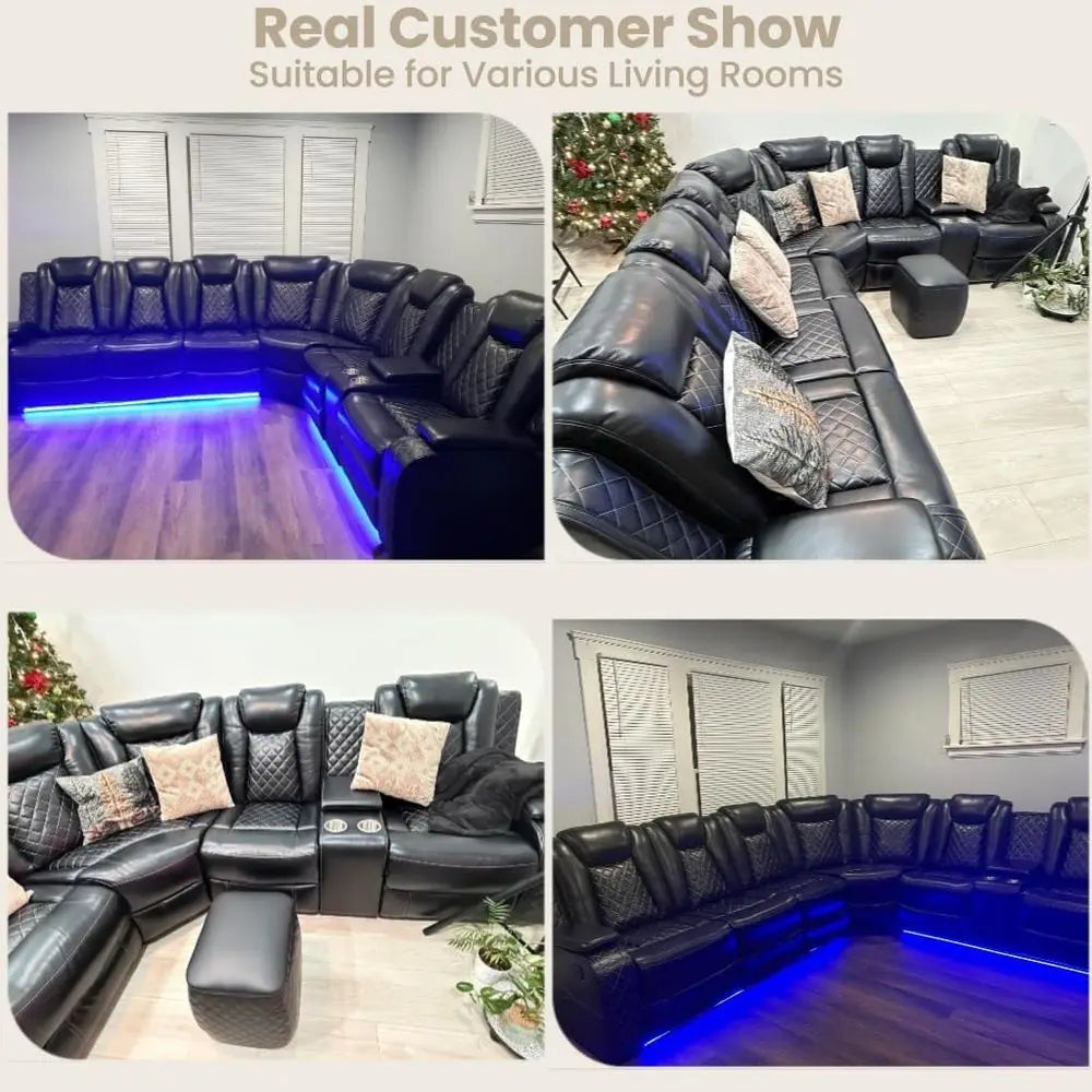 Breathing Leather Reclining Soa Set,Power Recliner Sectional Couch with LED Light,ern Living Room urniture Set,Reclining Section