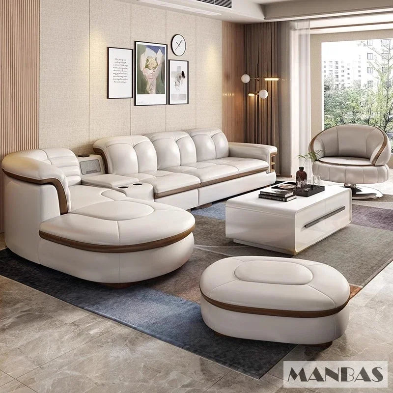 L-Shaped Genuine Leather Sectional Sofa Sets with USB, Bluetooth Speaker