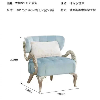 WWAmerican Light Luxury Wood Carved Couch Living Room Balcony Bedroom Fabric Craft Single Sofa Leisure