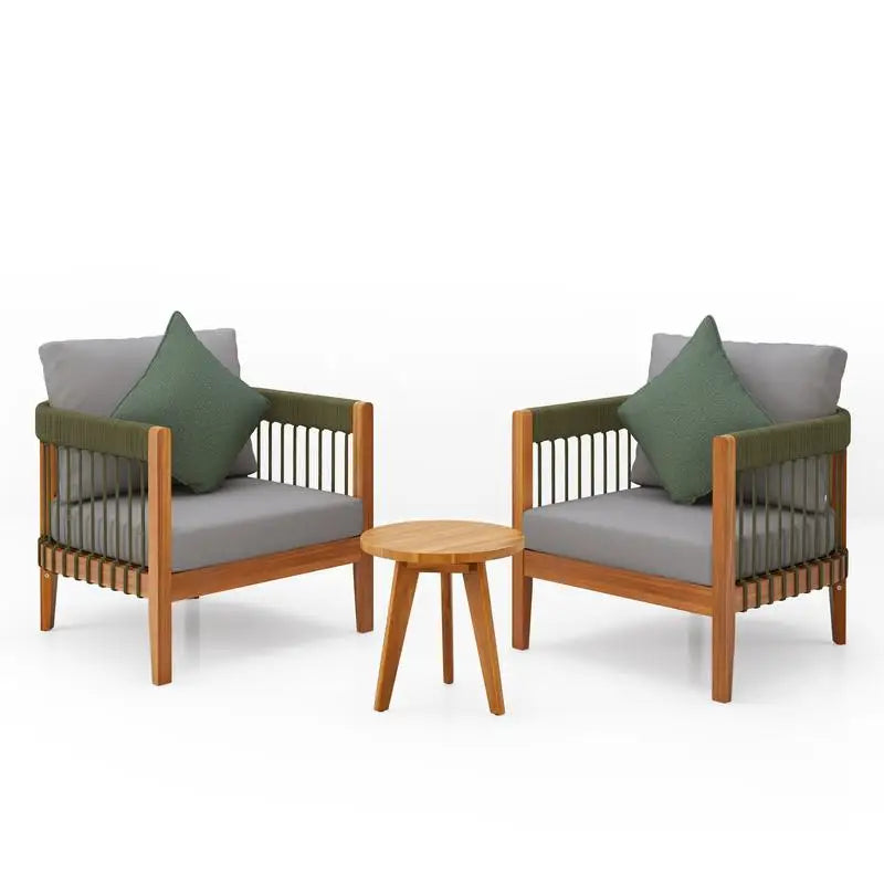 3-Piece Set Acacia Wood Outdoor Club Chair with Handwoven Rope Accents & Curved Backrest - Water-Resistant Boho Patio Lounge