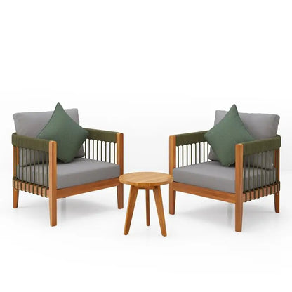 3-Piece Set Acacia Wood Outdoor Club Chair with Handwoven Rope Accents & Curved Backrest - Water-Resistant Boho Patio Lounge