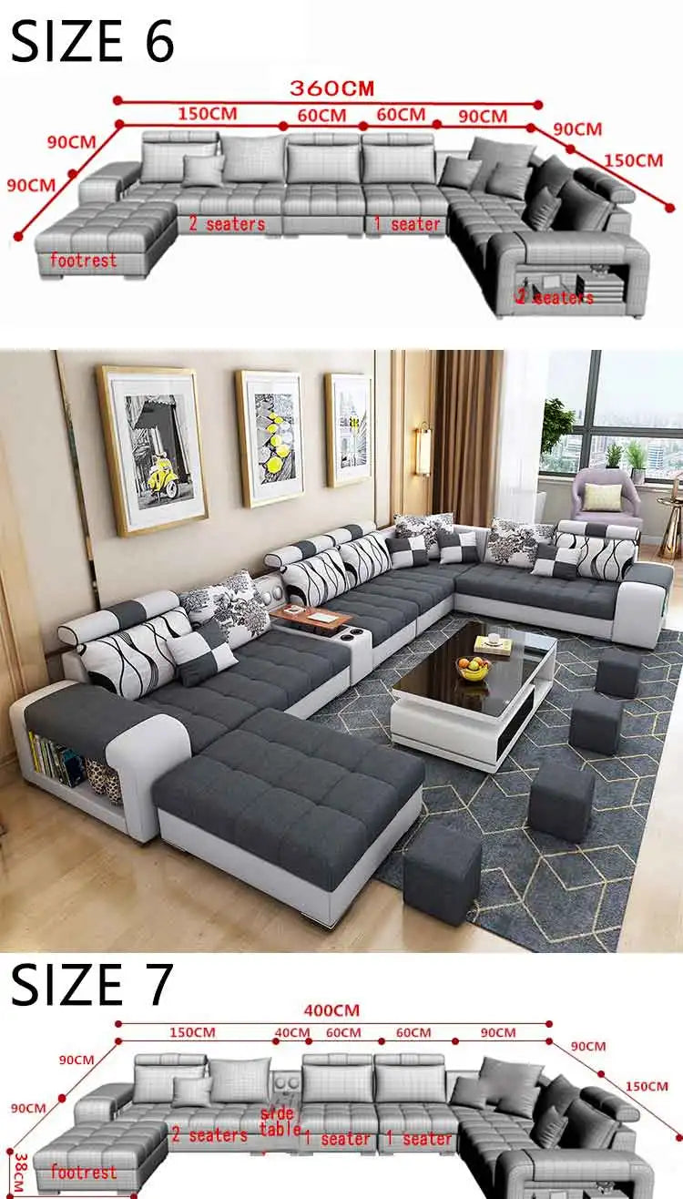 Modern Fabric Sofa Set Furniture Living Room Sofa Set with USB and Stools U Shape Cloth Couch Sofas for Home Furniture 1903