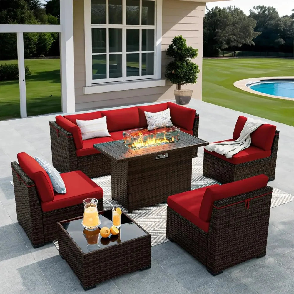 Long-Lasting 8 Pieces Outdoor Patio Furniture Set with 44" Fire Pit Table Rattan Sectional Conversation Sets w
