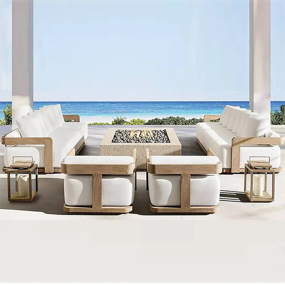 Modern Outdoor Furniture Set Waterproof Fire Pit with Teak Wooden Bench & Rattan Aluminum Cast Sofa Garden Living Room Hotels