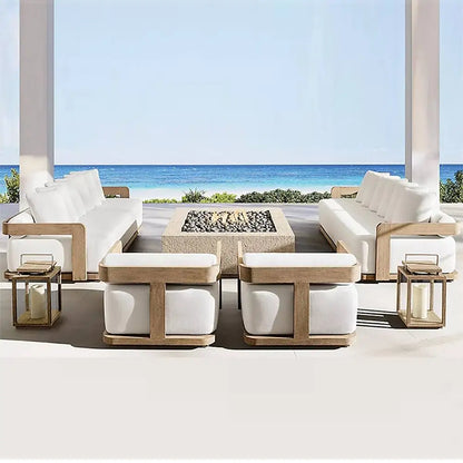 Modern Outdoor Furniture Set Waterproof Fire Pit with Teak Wooden Bench & Rattan Aluminum Cast Sofa Garden Living Room Hotels