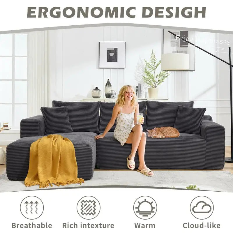L-Shaped Modular Sectional Sofa Couch, 3-Seat Memory Foam Couch for Living Room, Oversized Chaise in Gray with Stripe (Left