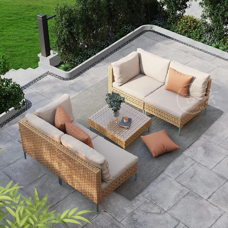 Waterproof Sunproof Woven Rattan Sofa Tea Table Set Aluminum Alloy Outdoor Furniture Patio Leisure-for Living Room Dining