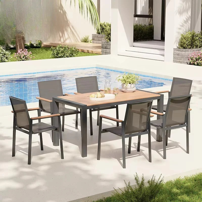 Wholesale Price Patio Outdoor Furniture Plastic Wood Dining Set Luxury Aluminum Frame Teak Wood Table and Chair for Restaurant