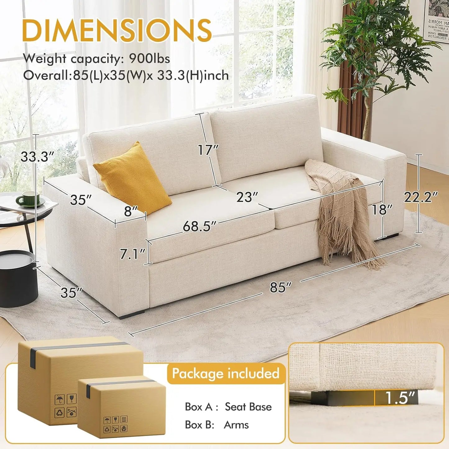 85" Modern Sofa Couches for Living Room, 3 Seater Sofa, Natural Linen Deep Seat Sofa with Upholstered Cushion&Detachable Cover,