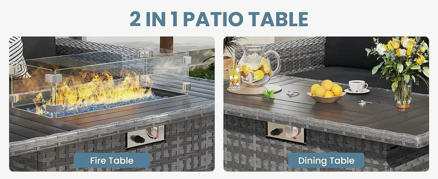 QAZ8-7 Piece Patio Furniture Set Fire Pit Table. Outdoor Conversation Sets Wicker Rattan Sectional Sofa with Coffee TSZ