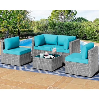5 Pieces Outdoor Patio Sectional Sofa Couch, PE Wicker Furniture Conversation Sets with Washable Cushions & Glass Coffee Table