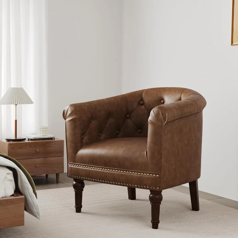 Accent Chair, Upholstered Faux Leather Barrel Chair with Nailed Trim, Comfy Club Armchair for Reading Living Room Bedroom Waitin