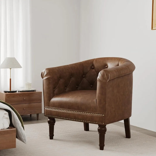 Accent Chair, Upholstered Faux Leather Barrel Chair with Nailed Trim, Comfy Club Armchair for Reading Living Room Bedroom Waitin