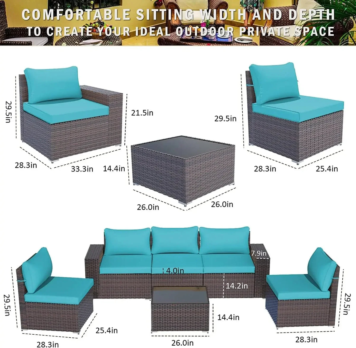 A Sectional Sofa Outdoor Furniture All Weather Brown PE Rattan Patio Conversation w/5 Seat Cushions