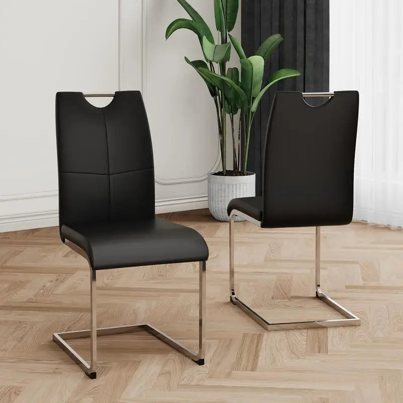 Set of 2 Chrome Metal Finish Side Chairs, Gray-Taupe Faux Leather Upholstery, Casual Dining Furniture