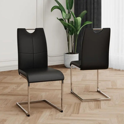 Set of 2 Chrome Metal Finish Side Chairs, Gray-Taupe Faux Leather Upholstery, Casual Dining Furniture