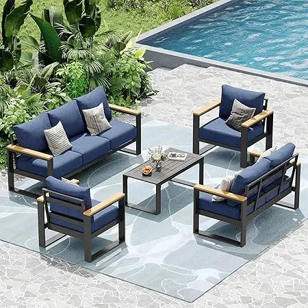 Aluminum Outdoor Patio Furniture Set, 5-Piece Sectional Conversation Set with 6″ Thick Cushions & Coffee Table for Porch, Balcon