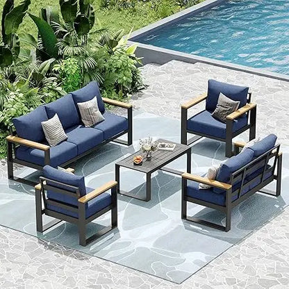 Aluminum Outdoor Patio Furniture Set, 5-Piece Sectional Conversation Set with 6″ Thick Cushions & Coffee Table for Porch, Balcon