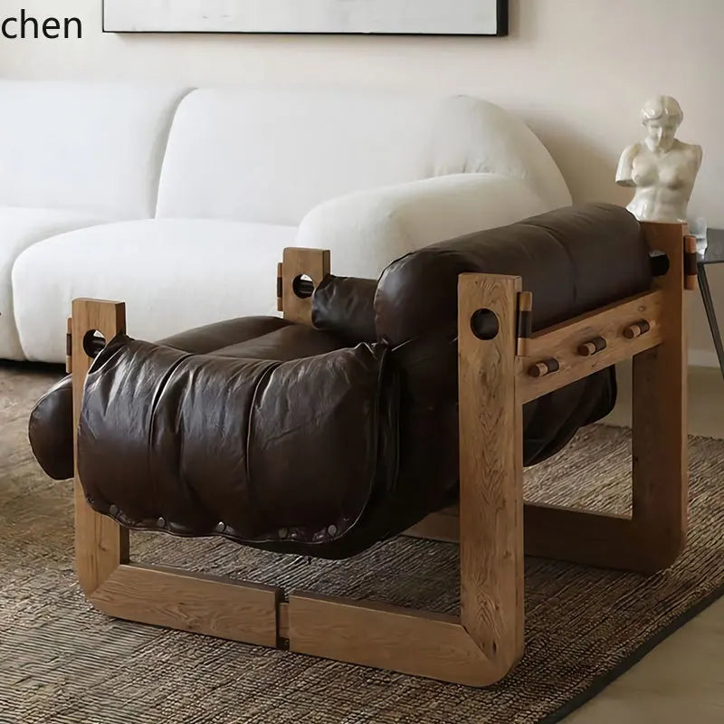 Single sofa chair medium antique solid wood retro home leisure bedroom leather