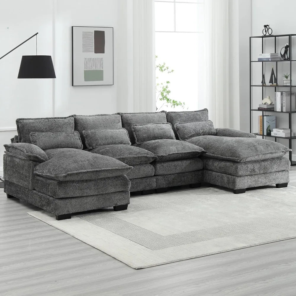 110'' U-Shaped Sectional Couch, Modern Chenille Extra Large Modular Sofa with 4 Cushions, Memory Foam Funiture Set